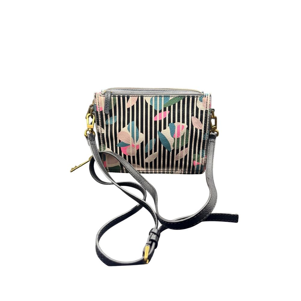 Fossil Floral Stripe Leather Crossbody Small Black Multi Zip Bag